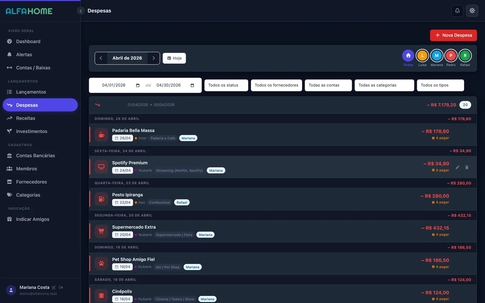 Lista de despesas AlfaHome